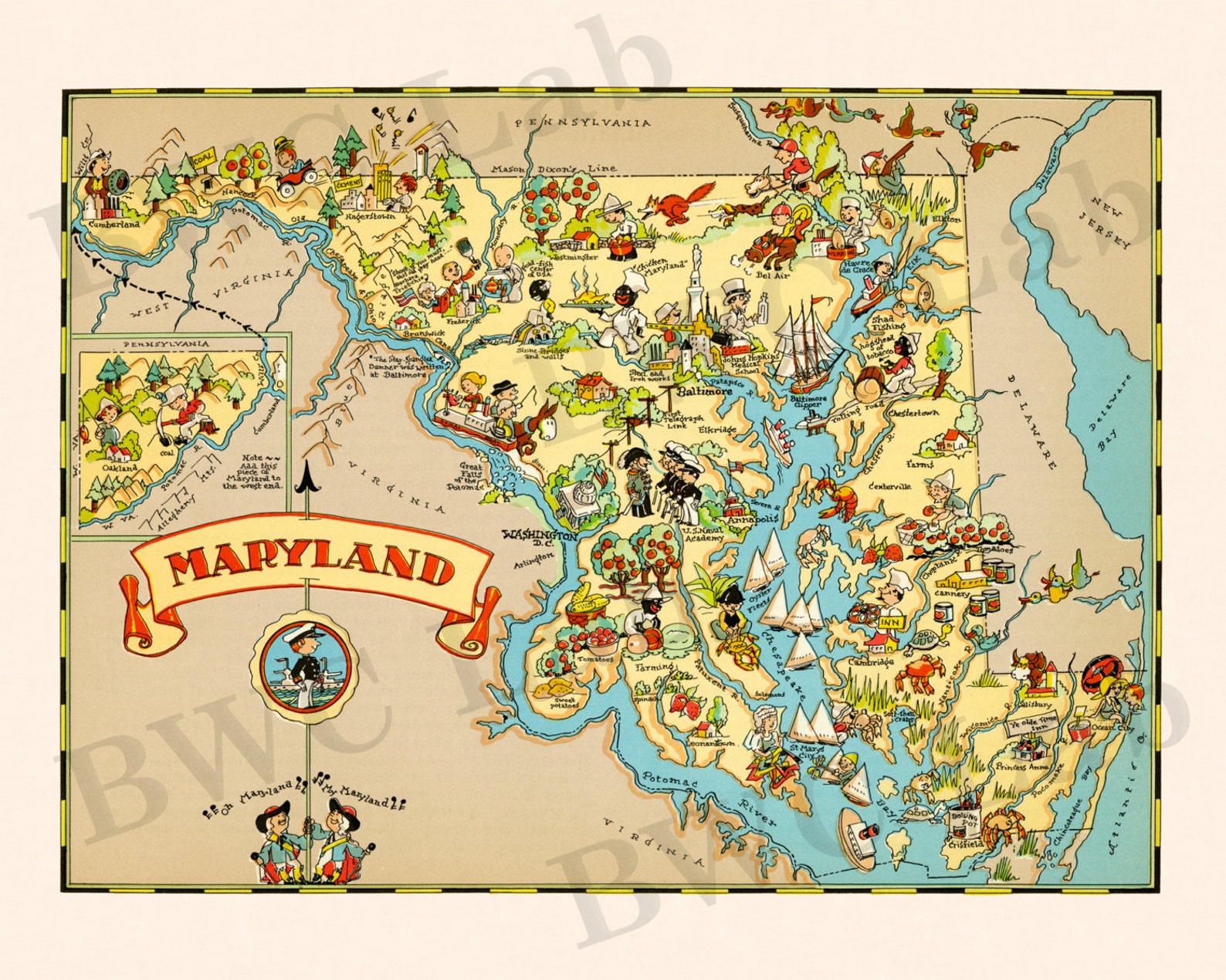 Pictorial Map of Maryland colorful fun illustration of Etsy