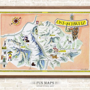 Fun Ski Run Run Karte der Ostschweiz in den Schweizer Alpen, Schweiz, Vintage bildliche Cartoon Illustration, Wand Kunst Dekor Geschenk