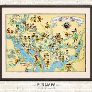 Leuke staatskaart van District of Columbia Vintage picturale grillige cartoon print illustratie | Avontuur | Cadeau muurdecoratie