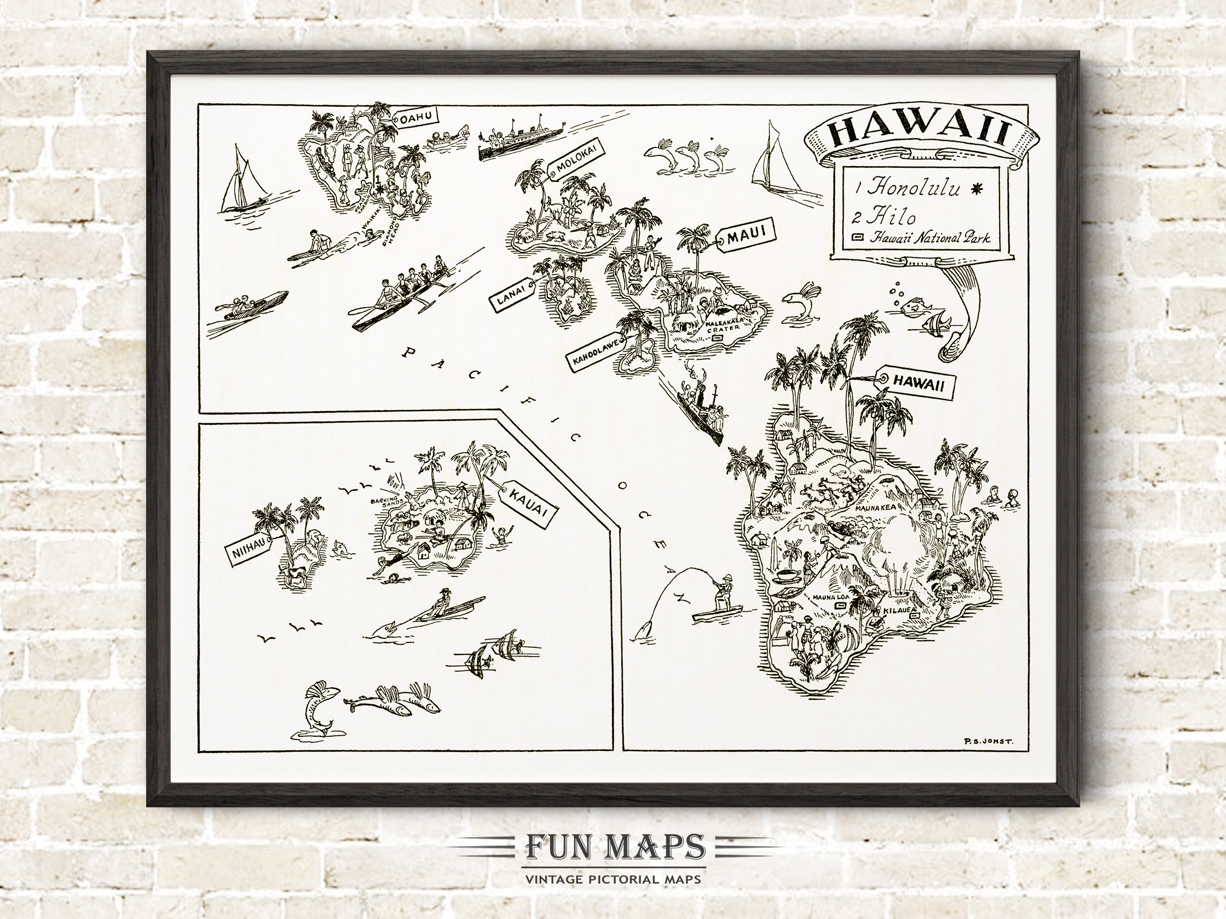 Hawaii Map アート作品 ヴィンテージ風フレーム Vintage Map of Hawaii Picture – GeoJango Maps