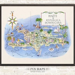Mapa divertido de Haití y República Dominicana en el Caribe: ilustración vintage con dibujos animados, ilustraciones y arte mural de aventuras.