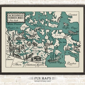 Mapa de los Territorios del Noroeste de Canadá: Divertida ilustración vintage con dibujos animados, ilustraciones, aventuras, arte mural, decoración, póster de regalo.