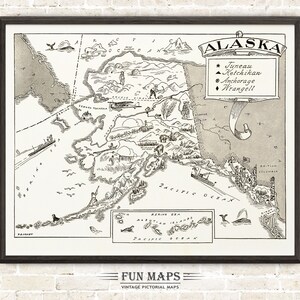 Mapa vintage del estado de Alaska: ilustración divertida, pictórica y divertida, para decorar paredes, regalos y pósteres.