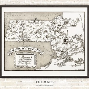 Mapa vintage del estado de Massachusetts: divertida ilustración pictórica con dibujos animados, aventura, decoración de pared, regalo o póster.