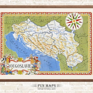Mapa antiguo de la ex Yugoslavia, impresión de caricaturas pictóricas vintage, ilustración, arte de pared, decoración, regalo, póster de viaje, mapa de aventuras