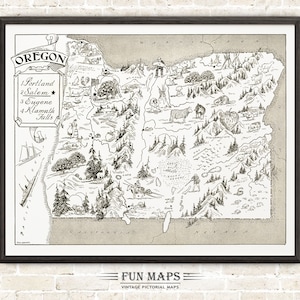 Mapa vintage del estado de Oregón: divertida ilustración pictórica con dibujos animados, ideal para decorar paredes, regalos y pósteres.