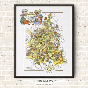 Zabawna mapa Szampanii, francuskiej prowincji, Francja, FR - Vintage Pictorial Whimsical Cartoon Print Illustration Adventure Wall Art