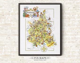 Fun Map of Champagne a French Province, France, FR - Vintage Pictorial Whimsical Cartoon Print Illustration Adventure Wall Art