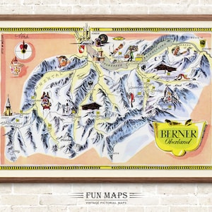 Berner Oberland Karte von Berner Oberland in den Schweizer Alpen, Schweiz, Vintage bildliche Cartoon Druck Illustration, Geschenk für Sie