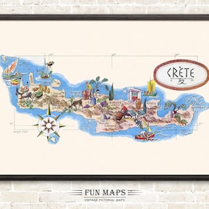 Spaß Karte von Crete ein griechische Insel Vintage bildliche wunderliche Cartoon alte Druck Illustration Wand Kunst Reise Poster Abenteuer Karte
