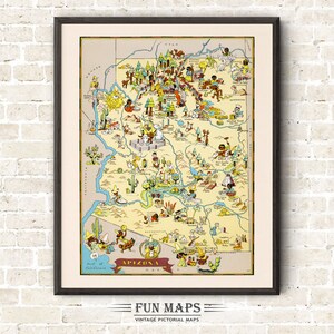 Mapa divertido del estado de Arizona: ilustración vintage con dibujos animados, aventura, decoración de pared, póster de regalo