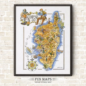 Zabawna mapa prowincji Korsyki, Francja, FR - Vintage Pictorial Whimsical Cartoon Print Illustration Adventure Wall Art Décor