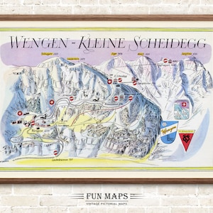 Fun Ski Run Piste Karte von Wengen-Kleine Scheidegg in den Schweizer Alpen, Schweiz, Vintage Bilddruck Illustration, Wand Kunst Dekor