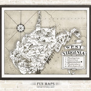Mapa vintage del estado de Virginia Occidental: ilustración divertida, pictórica y divertida, para decorar paredes, regalos y pósteres.