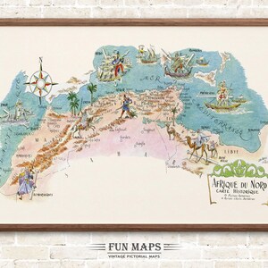 Mapa divertido del norte de África histórico, dibujo animado antiguo, ilustración, arte mural africano, regalo, póster de viaje, aventura