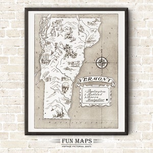 Mapa vintage del estado de Vermont: divertida ilustración pictórica y divertida, ideal para decorar paredes, regalos y pósteres.