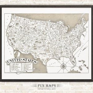 Mapa vintage de Estados Unidos: divertida ilustración pictórica y divertida, ideal para decorar paredes, regalos y pósteres.