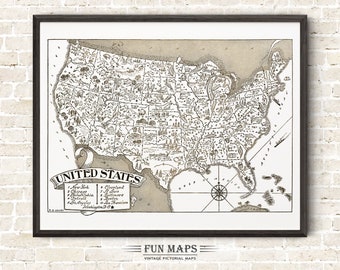 Vintage Map of United States – Fun Pictorial Whimsical Cartoon Print Illustration from 1930’s by Johst | Wall Art Décor | Gift | Poster