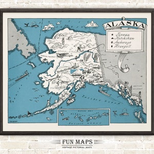 Mapa divertido de Alaska: Ilustración vintage de dibujos animados de Johst, decoración de pared, póster de regalo
