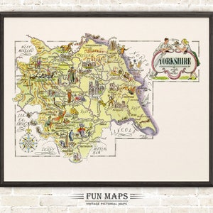 Fun Map of Yorkshire in Great Britain, England, UK, Vintage Pictorial Whimsical Old Print Illustration Adventure Wall Art Décor Gift