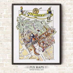 Mapa divertido de la Ciudad del Vaticano, Italia, dibujo animado antiguo, ilustración, arte mural italiano, regalo, póster de viaje, mapa de aventuras