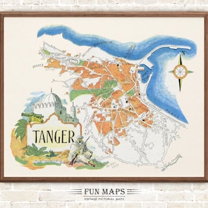 Mapa divertido de Tánger, África del Norte, vintage, pictórico, caprichoso, caricatura, impresión antigua, ilustración, arte mural africano, regalo, póster de viaje, mapa de aventuras