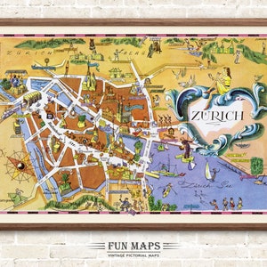 Mapa callejero divertido de Zúrich, Suiza: ilustración vintage con dibujos animados, aventura, arte de pared, decoración, póster de regalo.