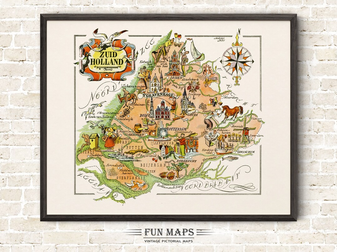 Fun Map of South Holland zuid Holland in the Netherlands, Holland