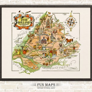 Carte amusante de la Hollande-Méridionale (Zuid Holland) aux Pays-Bas, illustration vintage d'impression picturale des Pays-Bas | Cadeau d'art mural aventure