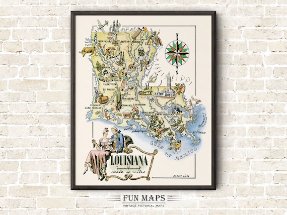 アート・デザイン・音楽 Louisiana - Billedreportage - Pictorial Fun State Map of Louisiana – Vintage Pictorial Whimsical Cartoon