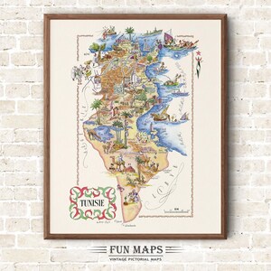 Mapa divertido de Túnez, África del Norte, vintage, pictórico, caprichoso, caricatura, impresión antigua, ilustración, arte mural africano, regalo, póster de viaje, mapa de aventuras