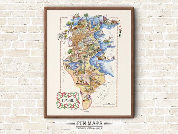Fun Map of Tunisia North Africa Vintage Pictorial Whimsical