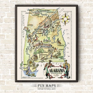 Carte amusante de l'état de l'Alabama - illustration vintage d'impression de dessin animé lunatique pictural | Aventure | Art mural décoratif | Cadeau | Affiche