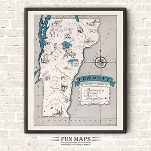 Mapa divertido de Vermont: Ilustración vintage con dibujos animados de Johst, decoración de pared, póster de regalo