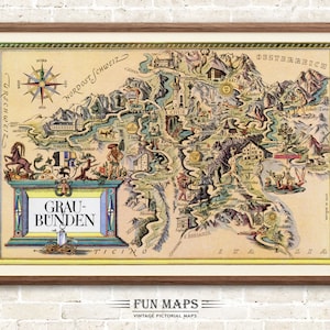 Graubünden Graubünden Karte Schweiz Vintage bildhafte Cartoon Druck Illustration Abenteuer Wand Kunst Dekor Geschenk Poster