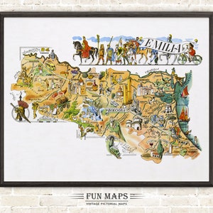 Mapa divertido de Emilia en Italia, dibujo animado antiguo, ilustración, arte mural italiano, regalo, póster de viaje, mapa de aventuras
