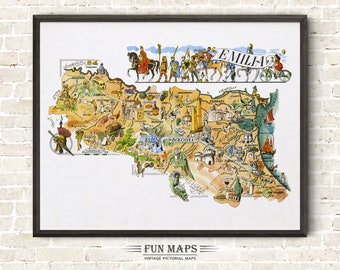 Fun Map of Emilia in Italy Vintage Pictorial Whimsical Cartoon Old Print Illustration Italian Wall Art Gift Travel Poster Adventure Map