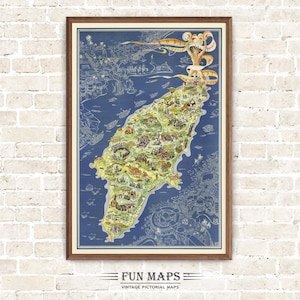 Alte Karte von Rhodos die Insel der Rosen in Griechenland Vintage bildhafte wunderliche Druck Illustration griechische Wand Kunst Reise Poster Abenteuer Karte