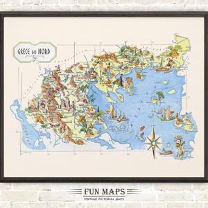 Lustige Karte von Nordgriechenland Vintage Bildliche Comic Karikatur Alte Druck Illustration Wand Kunst Geschenk Reise Poster Abenteuer Karte