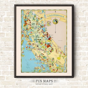 Mapa divertido del estado de California: ilustración vintage con dibujos animados, aventura, decoración de pared, póster de regalo