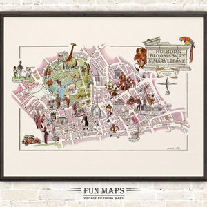 Mapa divertido de Holborn-Bloomsbury en Gran Bretaña, Inglaterra, Reino Unido. Ilustración antigua con ilustraciones vintage, arte de pared, decoración, regalo.