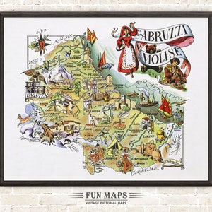 Mapa divertido de Ambruzzi en Italia, dibujo animado antiguo, ilustración, arte mural italiano, regalo, póster de viaje, mapa de aventuras