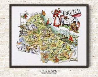 Fun Map of Ambruzzi in Italy Vintage Pictorial Whimsical Cartoon Old Print Illustration Italian Wall Art Gift Travel Poster Adventure Map