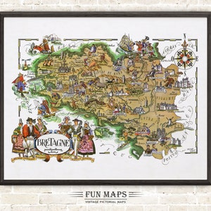 Lustige Karte der Bretagne eine französische Provinz, Frankreich, FR - Vintage bildliche wunderliche Cartoon Druck Illustration Abenteuer Wandkunst