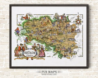 Fun Map of Bretagne a French Province, France, FR - Vintage Pictorial Whimsical Cartoon Print Illustration Adventure Wall Art
