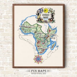 Mapa divertido de África, dibujo animado antiguo, ilustración, arte mural africano, regalo, póster de viaje, mapa de aventuras