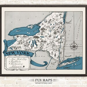 Mapa divertido de Nueva York: Ilustración vintage con dibujos animados de Johst, decoración de pared, póster de regalo