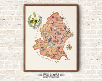Fun Map of Alto Alentejo in Portugal Vintage Pictorial Whimsical Cartoon Old Print Illustration Spanish Wall Art Travel Poster Adventure Map
