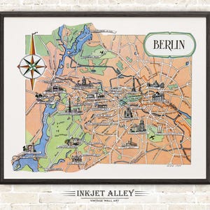 Mapa divertido de las calles de Berlín (Alemania, DE): Ilustración vintage con dibujos animados, ilustraciones y arte de pared de aventuras.