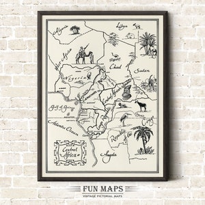 Kaart van Centraal-Afrika - vintage picturaal leuke cartoon oude print illustratie foto kaart geografie Afrikaanse muur kunst decor cadeau poster reizen